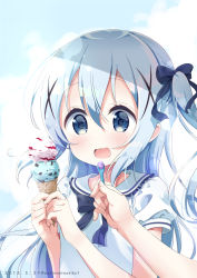 Rule 34 | 1girl, black bow, blue eyes, blue hair, blush, bow, commentary request, dated, double scoop, feeding, fingernails, food, frilled sailor collar, frills, gochuumon wa usagi desu ka?, hair between eyes, hair bow, hair ornament, hands up, holding, holding food, holding spoon, ice cream, ice cream cone, kafuu chino, long hair, neki (wakiko), nose blush, open mouth, pov feeding, puffy short sleeves, puffy sleeves, sailor collar, shirt, short sleeves, sidelocks, solo focus, spoon, twitter username, two side up, very long hair, white sailor collar, white shirt, x hair ornament