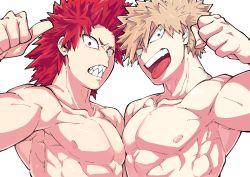 Rule 34 | 2boys, armpits, bakugou katsuki, blonde hair, boku no hero academia, clenched hand, clenched teeth, kirishima eijirou, looking at viewer, male focus, multiple boys, muscular, muscular male, nipples, pectorals, red eyes, red hair, sharp teeth, simple background, spiked hair, teeth, thumbs up, toned, toned male, tongue, tongue out, topless male, upper body, white background, yazaki (yazakc)
