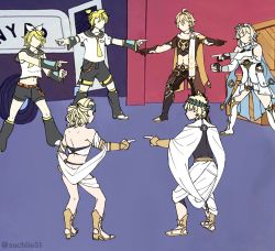 Rule 34 | 3boys, 3girls, absurdres, aether (genshin impact), artist name, bare shoulders, blonde hair, boots, bow, brother and sister, castor (fate), crossover, fate/grand order, fate (series), flower, from behind, genshin impact, hair bow, hair flower, hair ornament, highres, kagamine len, kagamine rin, long hair, lumine (genshin impact), marvel, meme, multiple boys, multiple girls, pointing, pointing at another, pointing spider-man (meme), pollux (fate), short hair, shorts, siblings, spider-man (series), suchiie51, twins, vambraces, vocaloid