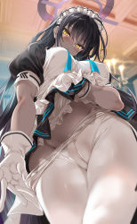 Rule 34 | 1girl, black hair, blue archive, breasts, cle masahiro, clothes pull, commentary request, dark-skinned female, dark skin, from below, gloves, hand under clothes, karin (blue archive), long hair, looking at viewer, maid headdress, medium breasts, pantyhose, pantyhose pull, solo, white gloves, white pantyhose, yellow eyes