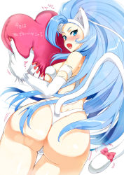Rule 34 | 1girl, animal ears, animal hands, ass, big hair, blue eyes, blue hair, blush, bow, breasts, cat ears, cat tail, claws, clothing cutout, cowboy shot, felicia (vampire), from behind, heart, heart-shaped pillow, huge ass, kojima saya, long hair, looking at viewer, matching hair/eyes, pillow, simple background, smile, solo, tail, tail bow, tail ornament, tail through clothes, thigh gap, thong, vampire (game), very long hair, wide hips