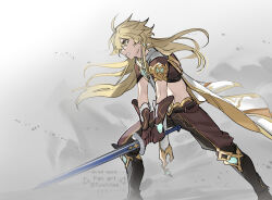 Rule 34 | 1boy, aether (genshin impact), ahoge, alternate hairstyle, arm armor, armor, artist name, baggy pants, belt, black belt, black footwear, black pants, blonde hair, boots, brown gloves, brown pants, brown shirt, cape, commentary request, earrings, fushitasu, genshin impact, gloves, gold trim, grey background, hair between eyes, holding, holding sword, holding weapon, jewelry, long hair, looking to the side, male focus, pants, scarf, shirt, short sleeves, shoulder armor, simple background, single earring, solo, standing, star (symbol), sword, teeth, two-sided cape, two-sided fabric, two-tone pants, v-shaped eyebrows, weapon, white background, white cape, white scarf, yellow cape, yellow eyes