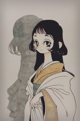 Rule 34 | 1girl, black eyes, black hair, brown kimono, closed mouth, from side, fuminooco, green sash, haori, japanese clothes, kimono, light smile, long hair, long neck, long sleeves, looking at viewer, looking to the side, obi, obijime, original, sash, shadow, simple background, solo, standing, traditional media, upper body, wide sleeves