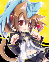 Rule 34 | 10s, 1girl, :d, animal, animal ears, animal on head, belt, blush, brown hair, cat ears, cat tail, collarbone, fang, hair ornament, heart, navel, open mouth, outline, pina (sao), red eyes, silica, silica (sao-alo), skirt, smile, solo, sword art online, tail, tougo, twintails