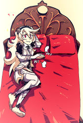 Rule 34 | 1girl, armor, barefoot, beckoning, bed, bridal gauntlets, come hither, corrin (female) (fire emblem), corrin (fire emblem), fire emblem, fire emblem fates, headdress, long hair, looking at viewer, nintendo, on bed, red eyes, setz, solo, white hair
