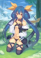Rule 34 | 1girl, bare shoulders, black thighhighs, blue hair, breasts, choker, dizzy (guilty gear), grass, guilty gear, hair ribbon, highres, kame^^, kneeling, landscape, long hair, no wings, red eyes, ribbon, solo, tail, tail ornament, tail ribbon, thighhighs, twintails, underboob, yellow ribbon
