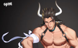 Rule 34 | 1boy, alche (benruce), alternate costume, animal ears, arknights, bandages, bara, brown eyes, brown hair, chest harness, collar, cow boy, cow ears, cow horns, earrings, hair strand, harness, highres, horns, jewelry, male focus, matterhorn (arknights), muscular, muscular male, nipple piercing, nipple rings, nude, pectorals, piercing, scar, scar across eye, scar on chest, scar on face, short hair, solo, upper body
