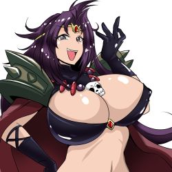 Rule 34 | 1girl, between breasts, breasts, cape, circlet, cleavage, covered erect nipples, fang, gloves, grey eyes, hair intakes, hand on own hip, highres, huge breasts, jewelry, large breasts, long hair, looking at viewer, naga the serpent, necklace, purple hair, shoulder spikes, simple background, slayers, smile, solo, spikes, torii5011, upper body, white background