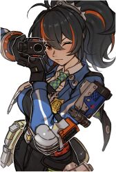 Rule 34 | 1girl, absurdres, ahoge, aiming, aiming at viewer, black gloves, black hair, black pants, black vest, blue jacket, blue vest, breasts, checkered necktie, closed mouth, collared shirt, commentary, cowboy shot, english commentary, glint, gloves, gun, hair between eyes, high-waist pants, highres, holding, holding gun, holding weapon, holster, jacket, large breasts, long hair, long sleeves, looking at viewer, metal hairband, multicolored hair, necktie, one eye closed, open clothes, open jacket, orange eyes, pants, police, police badge, police uniform, policewoman, ponytail, red hair, rojen, shirt, shoulder holster, sidelocks, simple background, solo, standing, streaked hair, thigh holster, tight clothes, tight pants, two-tone vest, vest, weapon, white background, white shirt, zenless zone zero, zhu yuan