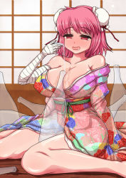 Rule 34 | 1girl, bandages, bare legs, bare shoulders, between breasts, between legs, blush, bottle, bow, breasts, bun cover, cleavage, collarbone, double bun, drooling, drunk, floral print, hair bow, highres, ibaraki kasen, japanese clothes, kimono, large breasts, n (dai n honpo), obi, off shoulder, open mouth, pink eyes, pink hair, sakazuki, sake bottle, sash, sitting, solo, spilling, touhou, wariza