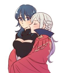 Rule 34 | 2girls, blue eyes, blue hair, blush, breasts, byleth (female) (fire emblem), byleth (fire emblem), cape, cleavage, closed mouth, clothing cutout, collar, commentary request, edelgard von hresvelg, fire emblem, fire emblem: three houses, from behind, hair between eyes, hug, hug from behind, long hair, looking at another, multiple girls, nintendo, red cape, riromomo, simple background, white background, white hair, yuri