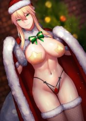 Rule 34 | 1girl, absurdres, artoria pendragon (fate), artoria pendragon (lancer) (fate), bare shoulders, bikini, bikini bottom only, blonde hair, blurry, blurry background, blush, braid, breasts, cape, christmas tree, covered erect nipples, fate/grand order, fate (series), fishnet thighhighs, fishnets, french braid, fur trim, green eyes, hair between eyes, hat, highleg, highres, kageshio (276006), large breasts, long hair, looking at viewer, navel, pasties, red cape, red hat, santa costume, santa hat, sidelocks, smile, solo, star pasties, swimsuit, thighhighs