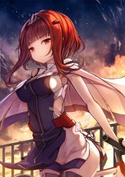 Rule 34 | 1girl, anchor hair ornament, azur lane, birmingham (azur lane), cape, cloud, cloudy sky, commentary request, detached sleeves, eorx, hair ornament, hairclip, highres, leaning forward, looking at viewer, red eyes, red hair, short hair with long locks, sky, solo, twilight