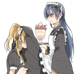 Rule 34 | 10s, 2girls, apron, ayase eli, blonde hair, blue hair, bow, clipe, from side, japanese clothes, long hair, love live!, love live! school idol project, maid, maid apron, mixed maids, multiple girls, parfait, pinstripe pattern, shaded face, simple background, sonoda umi, striped, tray, under skirt, wa maid, white background, yuri