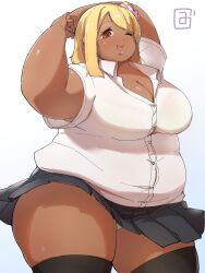 Rule 34 | 1girl, arms behind head, arms up, blonde hair, breasts, cleavage, dark skin, fat, gyaru, highres, large breasts, looking at viewer, nao (mizsawa), one eye closed, open mouth, red eyes, smile, solo, thick thighs, thighhighs, thighs, upskirt, zettai ryouiki