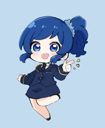 Rule 34 | 1girl, :d, aikatsu!, aikatsu! (series), black footwear, black necktie, blue background, blue eyes, blue hair, blue jacket, blue skirt, blush, chibi, collared shirt, commentary, full body, highres, jacket, kiriya aoi, looking at viewer, necktie, notice lines, nozo (hitomiz), open mouth, pencil skirt, pointing, shirt, shoes, side ponytail, simple background, skirt, sleeves past wrists, smile, solo, swept bangs, symbol-only commentary, teeth, upper teeth only, white shirt