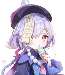 Rule 34 | 1girl, bad id, bad pixiv id, blue dress, blush, braid, commentary request, dress, food, genshin impact, hair between eyes, hair ornament, hand up, hat, highres, holding, holding food, ice cream, long hair, long sleeves, looking at viewer, manao misuzu (artist), purple hair, purple hat, qingdai guanmao, qiqi (genshin impact), red eyes, signature, simple background, single braid, soft serve, solo, translation request, upper body, very long hair, white background, wide sleeves