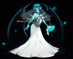 Rule 34 | 1girl, blue eyes, blue skin, breasts, cleavage, colored skin, dress, flower, ghost bride morgana, highres, league of legends, morgana (league of legends), pointy ears, wedding dress, wings