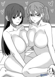 Rule 34 | 2girls, absurdres, artist logo, artist name, breast press, breasts, collarbone, commentary, completely nude, greyscale, heart, highres, huge breasts, ijiranaide nagatoro-san, long hair, looking at viewer, medium hair, monochrome, multiple girls, ninrubio, no nipples, nude, parted lips, shikki (ijiranaide nagatoro-san), sidelocks, smile, spanish commentary, sunomiya sana, symmetrical docking, thick thighs, thighs, twitter username, two side up