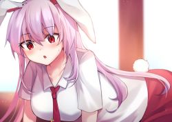 Rule 34 | 1girl, :o, animal ears, blush, breasts, carrot pin, collarbone, collared shirt, commentary request, highres, kneeling, large breasts, light purple hair, long hair, looking at viewer, necktie, open mouth, pink skirt, rabbit ears, rabbit tail, red necktie, reisen udongein inaba, saki (14793221), shirt, sidelocks, skirt, solo, sweatdrop, tail, touhou, white shirt, wing collar