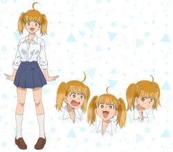 Rule 34 | 1girl, :3, blonde hair, breasts, character sheet, earrings, fang, full body, ijiranaide nagatoro-san, jewelry, large breasts, long hair, looking at viewer, multiple views, naughty face, official art, school uniform, simple background, skin fang, smile, twintails, yellow eyes, yoshi (nagatoro)