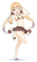 Rule 34 | 1girl, arm up, bare arms, bare shoulders, bikini, bikini top only, black skirt, blush, breasts, brown bikini, collarbone, covered erect nipples, cup, disposable cup, full body, hair bobbles, hair ornament, hatsunatsu, highres, holding, holding cup, light brown hair, long hair, looking at viewer, low twintails, navel, no panties, one eye closed, open mouth, outstretched arm, pleated skirt, shadow, skirt, slippers, small breasts, solo, standing, standing on one leg, sweat, swimsuit, twintails, v-shaped eyebrows, v over eye, very long hair, white background, white footwear, xiaoyuan (you can eat the girl), you can eat the girl
