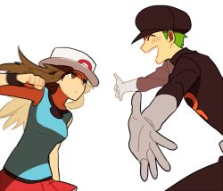 Rule 34 | 00s, 1boy, 1girl, :d, ^ ^, annoyed, bad id, bad pixiv id, blue shirt, blush, brown eyes, brown hair, clenched hand, closed eyes, clothes writing, creatures (company), game freak, gloves, green hair, happy, hat, hetero, incoming attack, incoming punch, leaf (pokemon), li sakura, long hair, long sleeves, looking at another, miniskirt, motion blur, nintendo, npc trainer, open mouth, outstretched arms, pokemon, pokemon frlg, porkpie hat, pounce, profile, punching, red skirt, shaded face, shirt, simple background, skirt, sleeveless, sleeveless shirt, smile, team rocket, team rocket grunt, uniform, white background, wristband