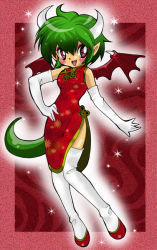 Rule 34 | 1girl, bat wings, china dress, chinese clothes, draco centauros, dress, elbow gloves, full body, gloves, green hair, hand on own hip, horns, kaorin minogue, madou monogatari, pointy ears, puyopuyo, red background, red eyes, shoes, short hair, smile, solo, thighhighs, white gloves, white thighhighs, wings