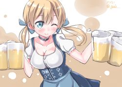 Rule 34 | 10s, 1girl, alcohol, beer, beer mug, blonde hair, blue eyes, blush, breasts, choker, cleavage, commentary, cup, dated, dirndl, german clothes, getou, hair ribbon, highres, kantai collection, low twintails, mug, oktoberfest, one eye closed, prinz eugen (kancolle), ribbon, smile, solo, twintails, twitter username, upper body