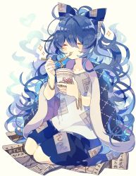 Rule 34 | 1girl, bangle, blanket, blue bow, blue hair, blue skirt, blush, bow, bracelet, chopsticks, closed eyes, commentary, cup, debt, eating, female focus, food, full body, grey shirt, hair between eyes, hair bow, hands up, happy, heart, highres, holding, holding chopsticks, holding cup, jewelry, kneeling, long hair, messy hair, newspaper, nikorashi-ka, nissin cup noodle, noodles, shirt, simple background, skirt, solo, sparkle, touhou, very long hair, white background, yorigami shion