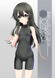 Rule 34 | 1girl, artist name, black bodysuit, black hair, black wetsuit, blush, bodysuit, character name, checkered background, collarbone, commentary request, cowboy shot, diving suit, flat chest, gradient background, green eyes, grey background, hair between eyes, hair ornament, hairclip, highres, inaba shiki, kantai collection, long hair, looking at viewer, multicolored clothes, multicolored swimsuit, one-hour drawing challenge, one-piece swimsuit, oyashio (kancolle), simple background, sleeveless, smile, solo, standing, striped clothes, striped one-piece swimsuit, swimsuit, vertical-striped clothes, vertical-striped one-piece swimsuit, wetsuit