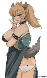 Rule 34 | 1girl, \m/, arakure, ass, bare shoulders, black dress, bowsette, breast hold, breasts, butt crack, cleavage, clothes lift, dress, dress lift, earrings, eyebrows, fingernails, from side, half-closed eyes, hip focus, horns, jewelry, large breasts, mario (series), new super mario bros. u deluxe, nintendo, open mouth, panties, pointy ears, ponytail, sharp fingernails, sharp teeth, simple background, skirt, skirt lift, sleeveless, sleeveless dress, smile, solo, strapless, strapless dress, tail, teeth, twitter username, underwear, white background, white panties