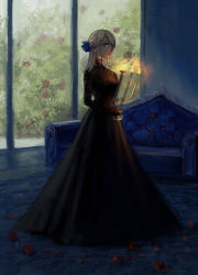 Rule 34 | 1girl, black dress, blonde hair, blue bow, bow, candlestand, couch, dress, dyuba000, earrings, fire, fire, flower, full body, hair bow, highres, indoors, jewelry, long sleeves, original, purple eyes, standing
