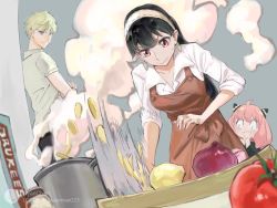 Rule 34 | anya (spy x family), apron, artist request, black hair, blonde hair, child, chopping, cooking, cutting board, green eyes, highres, kitchen, onion, pink hair, pot, potato, red eyes, shirt, spy x family, tomato, twilight (spy x family), white shirt, yor briar