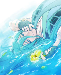 Rule 34 | 10s, 1boy, aqua eyes, aqua hair, bad id, bad pixiv id, chiyoganemaru, closed mouth, dutch angle, fingerless gloves, flower, gloves, hand to own mouth, japanese clothes, long hair, looking at viewer, lying, male focus, nene, on back, shallow water, signature, smile, solo, touken ranbu, water