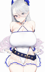 Rule 34 | 1girl, absurdres, bare shoulders, belt, blue belt, blue nails, blush, breasts, bridal gauntlets, cleavage, closed mouth, hair between eyes, hair ornament, highleg, highleg leotard, highres, large breasts, leotard, long hair, looking at viewer, mochirong, nail polish, original, see-through, see-through skirt, silver hair, simple background, skirt, solo, thighs, white background, white leotard