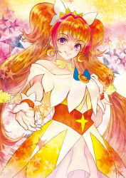 Rule 34 | 1girl, amanogawa kirara, bare shoulders, brown hair, closed mouth, crescent, crescent earrings, cure twinkle, cure twinkle (mode elegant lunar), detached collar, dress, earrings, gloves, go! princess precure, hair ornament, hair scrunchie, jewelry, long hair, looking at viewer, magical girl, multicolored background, multicolored hair, outstretched hand, precure, purple eyes, quad tails, red hair, saraoku-san, scrunchie, smile, solo, star (symbol), starry background, streaked hair, two-tone hair, upper body, white gloves, yellow dress, yellow scrunchie