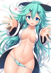 Rule 34 | 1girl, bed sheet, black ribbon, blue eyes, blush, breasts, cleavage, collarbone, commentary request, cowboy shot, gluteal fold, green hair, groin, hair between eyes, hair flaps, hair ornament, hair ribbon, hairclip, heart, highres, kantai collection, long hair, looking at viewer, lying, medium breasts, navel, on back, open mouth, panties, parted bangs, reaching, reaching towards viewer, ribbon, sidelocks, skindentation, smile, snow (gi66gotyo), solo, underwear, very long hair, yamakaze (kancolle)