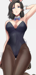 Rule 34 | 1girl, animal ears, arm behind head, armpits, bare arms, bare shoulders, black hair, blue bow, blue bowtie, blue eyes, bow, bowtie, breasts, brown pantyhose, clash kuro neko, collarbone, commentary, covered navel, detached collar, earrings, forehead, hair between eyes, highleg, highleg leotard, highres, jewelry, knees out of frame, leotard, medium breasts, original, pantyhose, parted lips, playboy bunny, rabbit ears, rabbit tail, simple background, solid circle pupils, solo, standing, standing on one leg, stool, strapless, strapless leotard, tail, thigh gap, white background, wrist cuffs