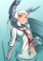 Rule 34 | 1girl, absurdres, black gloves, blue sailor collar, closed mouth, cowboy shot, dress, fingerless gloves, floating headgear, gloves, grey hair, hair ribbon, headgear, highres, holding, holding polearm, holding weapon, kantai collection, long hair, long sleeves, machinery, murakumo (kancolle), necktie, orange eyes, polearm, red necktie, red pupils, ribbon, rigging, sailor collar, sailor dress, sannsogyoraikai, sidelocks, solo, thick eyebrows, tress ribbon, very long hair, weapon, white dress