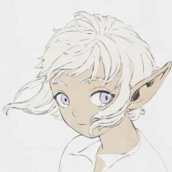 Rule 34 | 1boy, androgynous, close-up, dark-skinned male, dark skin, dungeon meshi, elf, elftoissho, floating clothes, floating hair, looking at viewer, male focus, partially colored, pointy ears, portrait, purple eyes, short hair, sidelocks, sideways glance, simple background, smile, solo, thistle (dungeon meshi), white background, wind