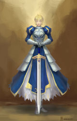 Rule 34 | 1girl, ahoge, armor, armored dress, artoria pendragon (fate), blonde hair, dress, excalibur (fate/stay night), closed eyes, fate/stay night, fate (series), faulds, puffy sleeves, realistic, saber (fate), sunmoon911, sword, weapon