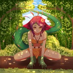 Rule 34 | 1girl, absurdres, alternate hair color, bare arms, bare legs, bare shoulders, breasts, cleavage, colored skin, commentary, day, flower, full body, green skin, hair flower, hair ornament, hands on ground, highres, huge filesize, league of legends, reptile girl, lizard tail, long hair, looking at viewer, lovesexieie, monster girl, multicolored hair, navel, neeko (league of legends), off shoulder, outdoors, slit pupils, smile, solo, strap slip, tail, tree, yellow eyes