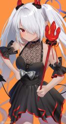 Rule 34 | 1girl, black dress, black tail, blue archive, blush, bow, closed mouth, cowboy shot, dress, fake horns, grey bow, grey hair, hair over one eye, halloween, halloween costume, halo, highres, holding, holding polearm, holding weapon, horns, iori (blue archive), long hair, looking at viewer, orange background, pointy ears, polearm, purple halo, red eyes, red horns, simple background, solo, trident, twintails, twitter username, weapon, yamamura umi