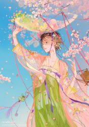 Rule 34 | 1girl, artist name, blue eyes, blue sky, bracelet, brown hair, cherry blossoms, dress, falling petals, flower, hair between eyes, hair flower, hair ornament, hand up, highres, illumi999, japanese clothes, jewelry, kimono, lipstick, long sleeves, looking to the side, makeup, open mouth, original, petals, short hair, signature, sky, solo, standing, traditional clothes, tree, wind