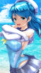 Rule 34 | 1girl, blue eyes, blue hair, blue one-piece swimsuit, blue sky, breasts, clothes lift, cloud, competition swimsuit, cowboy shot, day, double bun, elbow gloves, garter-velvet, gloves, grey skirt, hair bun, hat, highres, horizon, kantai collection, large breasts, lifted by self, neckerchief, ocean, one-piece swimsuit, outdoors, pleated skirt, sailor hat, school uniform, serafuku, shirt lift, skirt, sky, sleeves rolled up, solo, standing, swimsuit, undressing, urakaze (kancolle), white hat, yellow neckerchief