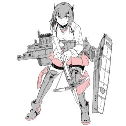 Rule 34 | 1girl, anchor, boots, bow (weapon), crossbow, flight deck, full body, hair between eyes, headband, headgear, holding, holding weapon, kantai collection, long sleeves, monochrome, pleated skirt, red skirt, rigging, short hair, simple background, skirt, solo, spot color, standing, taihou (kancolle), thighhighs, weapon, weidashming