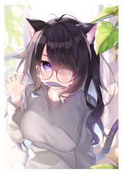 Rule 34 | 1girl, absurdres, animal ear fluff, animal ears, black hair, blush, border, breasts, cat ears, cat tail, chihiro (khorosho), clenched hand, fish, fish in mouth, food, glass, glasses, gradient hair, grey sweater, hair over one eye, highres, indoors, large breasts, long hair, long sleeves, looking at viewer, messy hair, multicolored hair, one eye covered, original, paw pose, plant, purple eyes, purple hair, red-framed eyewear, sidelocks, solo, sweater, tail, white border, window
