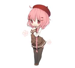 Rule 34 | 10s, 1girl, beret, black thighhighs, blush, bow, braid, brown footwear, brown skirt, brown vest, collared shirt, comic girls, commentary request, fang, hair between eyes, hair ornament, hairclip, hands up, hat, loafers, long hair, long sleeves, low twintails, mabuta (byc0yqf4mabye5z), moeta kaoruko, open mouth, pink hair, pleated skirt, red bow, red eyes, red hat, school uniform, shirt, shoes, skirt, solo, standing, thighhighs, twin braids, twintails, very long hair, vest, white shirt, x hair ornament