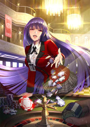 Rule 34 | 1girl, ahegao, apostate, arm support, black pantyhose, black ribbon, blazer, blunt bangs, breasts, casino, chandelier, checkered floor, hime cut, indoors, jabami yumeko, jacket, kakegurui, large breasts, lens flare, long hair, looking at viewer, miniskirt, motion blur, name tag, open mouth, pantyhose, pleated skirt, poker chip, purple hair, red eyes, red jacket, revision, ribbon, roulette, roulette table, school uniform, skirt, smile, solo focus, sweat, table, tongue, unbuttoned, very long hair